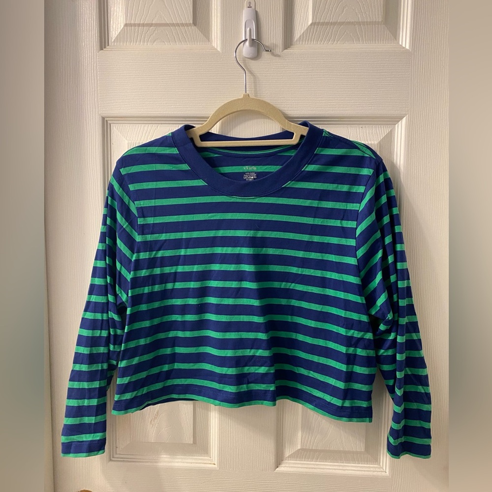 Karla Welch blue and green striped long-sleeved crop tee - size L